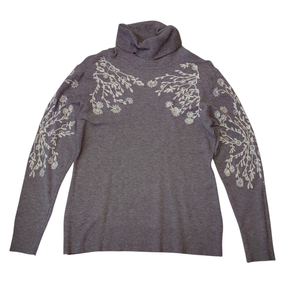 Elegant Gray Floral Turtleneck Sweater - Picture 1 of 5